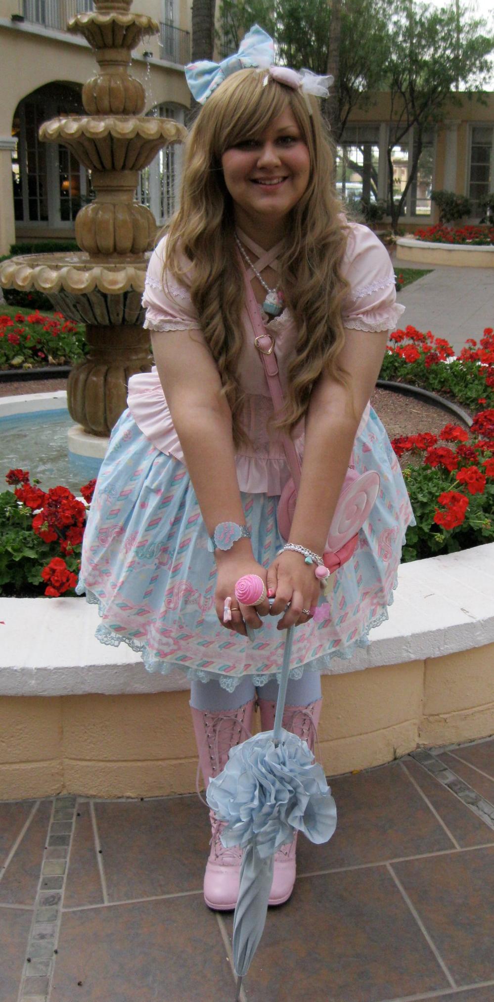 Blonde Lolita wearing Blue Opaque Pantyhose and Pink Boots